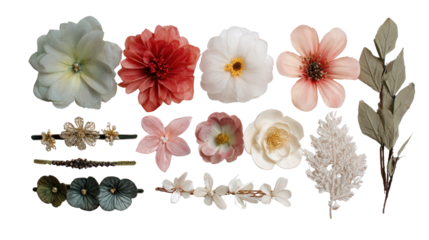 Floral Hair Accessories: A flat lay of floral hair accessories like headbands and clips, isolated on a Transparent background, PNG file.