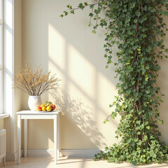 modern dining room with table with green plant vine 