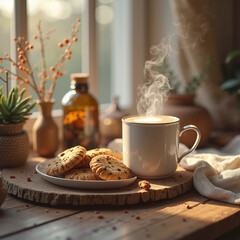 cup of coffee and cookies on wooden table
