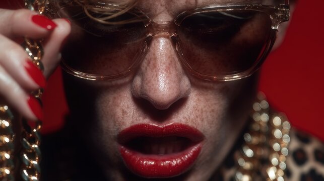 Bold fashion statement by a model with striking makeup in a red background at a photo shoot