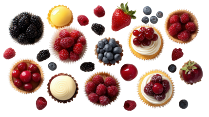 Fresh Berries and Desserts: A flat lay of fresh berries and various desserts like cupcakes and tarts, isolated on a Transparent background, PNG file.