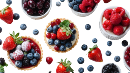 Fresh Berries and Desserts: A flat lay of fresh berries like strawberries and blueberries, along with dessert items like tarts, isolated on a Transparent background, PNG file.