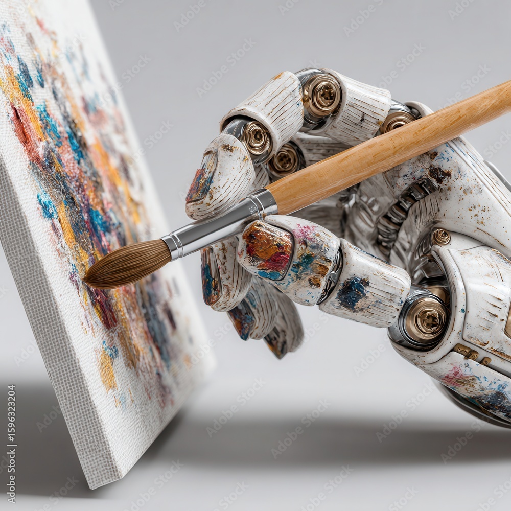 Poster robotic hand creating artistic painting on canvas with bright colors in a conceptual art scene