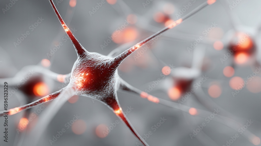 Poster glowing neural network system with bright nodes illustrating artificial intelligence concepts and co