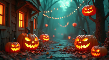 A spooky Halloween night scene in a foggy forest filled with glowing Jack-o'-lantern pumpkins creates a magical and eerie atmosphere.