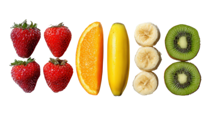 Fresh Fruit Salad Ingredients: A flat lay of fresh fruit salad ingredients like strawberries, oranges, bananas, and kiwi, isolated on a Transparent background, PNG file.