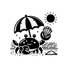 crab holding a seashell parasol on a sandy beach