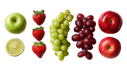 Fresh Fruit Salad Ingredients: A flat lay of fresh ingredients like strawberries, apples, and grapes for a fruit salad, isolated on a Transparent background, PNG file.