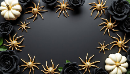 Halloween flatly. White pumpkins and black roses with spiders on black background