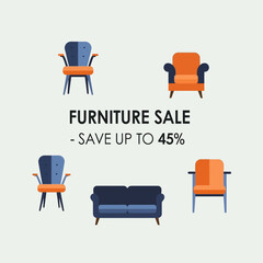Vector Illustration of Furniture Sale Promotional Graphic Featuring Chairs and Sofa in Modern Minimalist Style with Bright Orange and Navy Blue Colors for Marketing Advertising