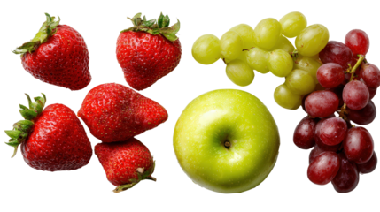 Fresh Fruit Salad Ingredients: A flat lay of fresh ingredients like strawberries, apples, and grapes for a fruit salad, isolated on a Transparent background, PNG file.