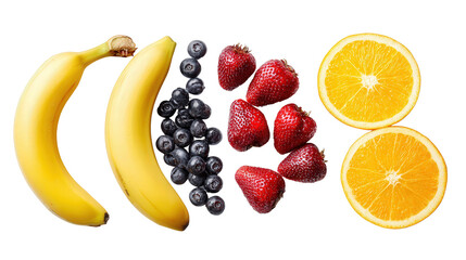 Fresh Fruits for Smoothies: A flat lay of fresh fruits like bananas, berries, and oranges for smoothies, isolated on a Transparent background, PNG file.