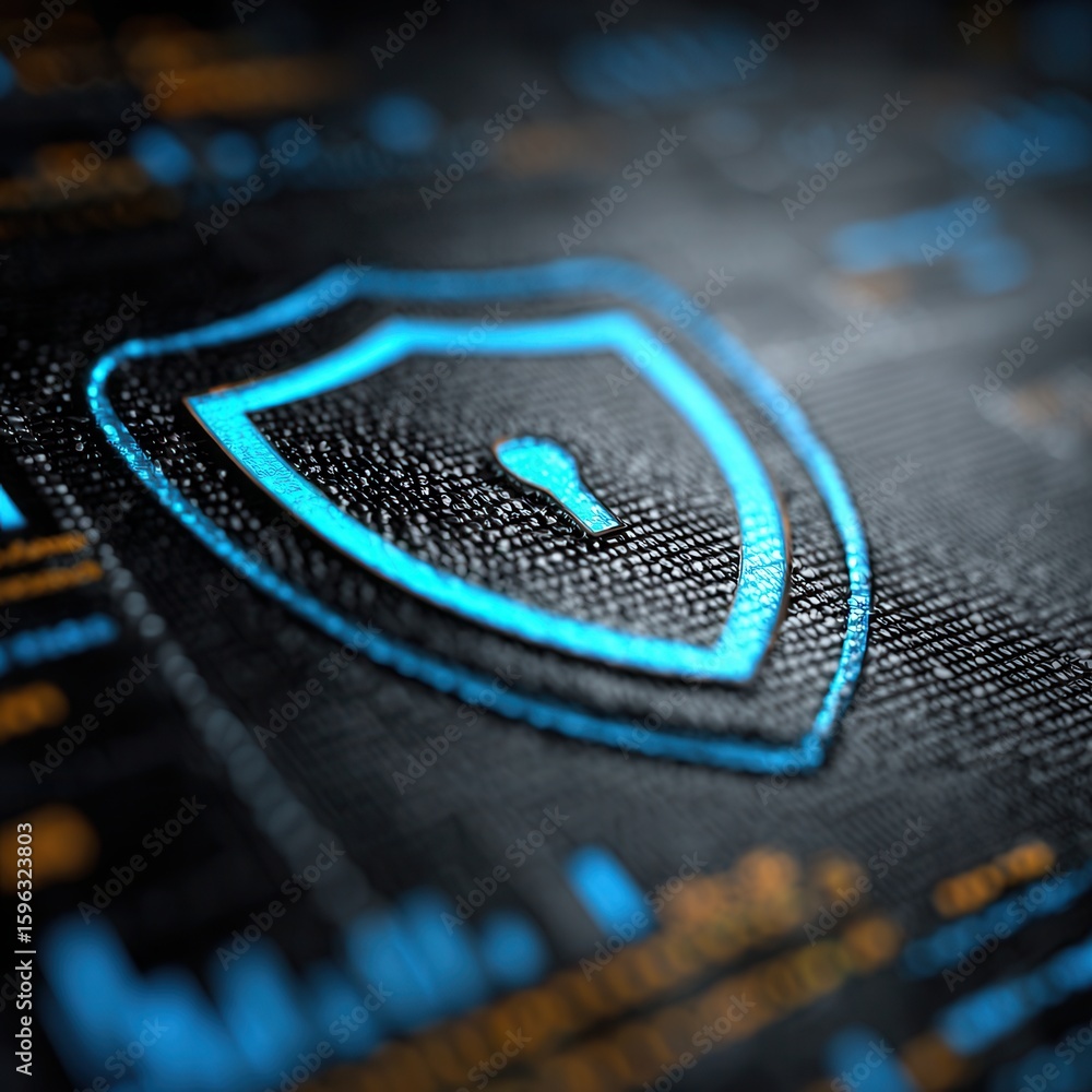 Poster digital shield icon over interface with financial data displayed on screen, representing cybersecuri