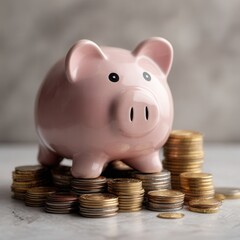 Minimalist Piggy Bank Surrounded by Stacked Coins on a Clean Desk for Savings Concept and Financial Growth