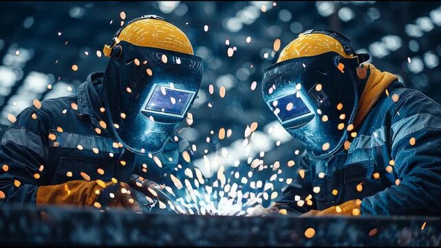 Two welders in action, creating sparks during a welding process, focusing on their craft