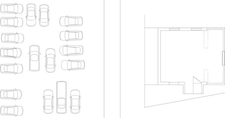 Modern CAD building layout with roadside car parking top view, architectural floor plan drawing, flat vector illustration, blueprint design