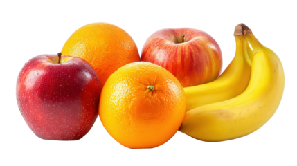 Fresh Fruits in Simple Arrangement: A simple arrangement of fresh fruits such as apples, oranges, and bananas, isolated on a Transparent background, PNG file.