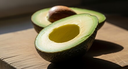 Halved Avocado on a Wooden Board. AI Generated