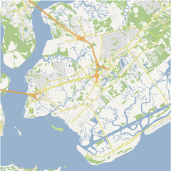 Map of Mount pleasant in South Carolina in a normal road map style. Contains layered vector with roads water, parks, etc.