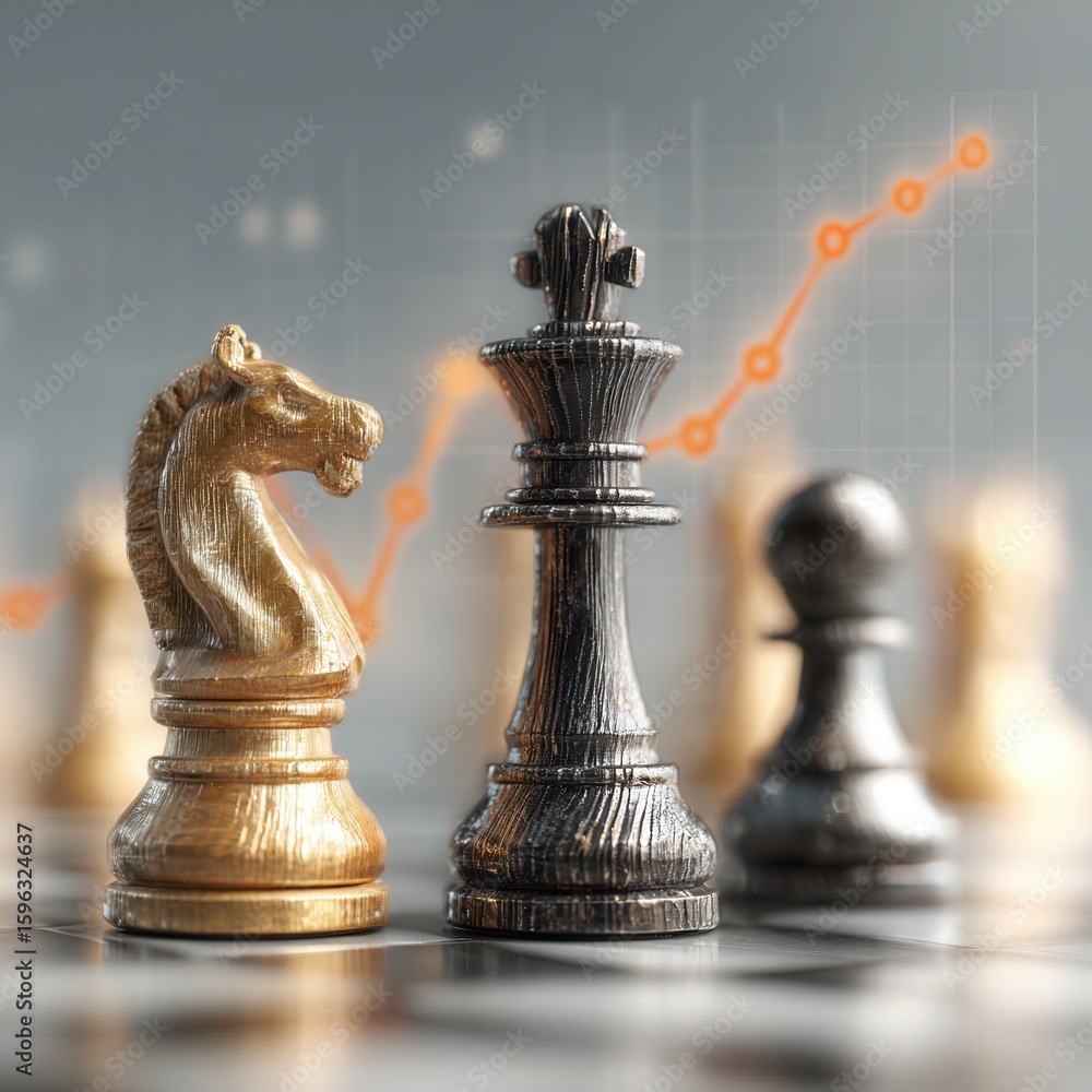Poster chess pieces on a chessboard with subtle financial graph overlay indicating growth and strategy in b