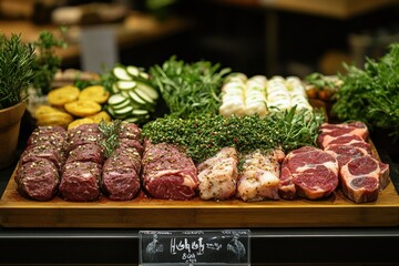 Traditional Halal Butcher Displaying Various Cuts of Fresh Meat