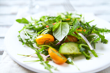 Salad with Tomatoes, Cucumber and Rocket on bright Background. Healthy Snack Idea. Close up.