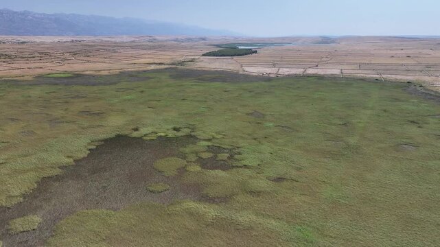 Drone view of indented coastline with wetland and sea on Pag island in Croatia showing blue and green landscape with summer nature