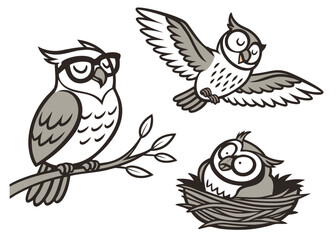 set of owls line art silhouette vector