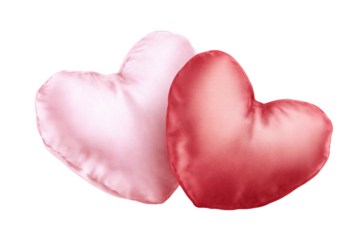 Couple of soft pink and red heart pillows isolated on white transparent background
