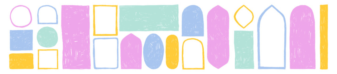 Doodle scribble frame set, vector hand drawn crayon shape, empty abstract pencil text box kids print. Cartoon scratchy note figure collection, square rectangle arch line border sticker. Scribble frame