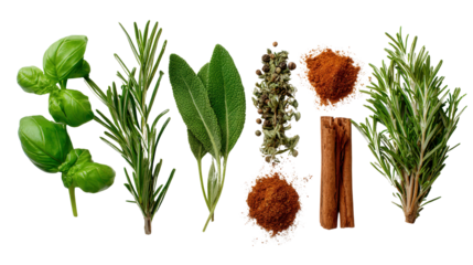 Fresh Herbs and Spices Flat Lay: A flat lay of fresh herbs and spices like rosemary, thyme, and basil, isolated on a Transparent background, PNG file.