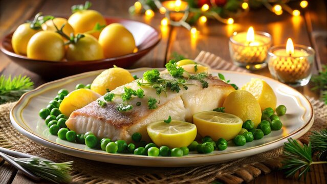 Norwegian Lutefisk
Gelatinous whitefish with peas, potatoes, and melted butter in festive setting.