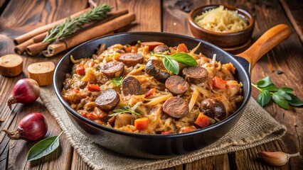 Fototapeta premium Polish Bigos (Hunter’s Stew) Hearty sauerkraut and meat stew with mushrooms and smoky sausage