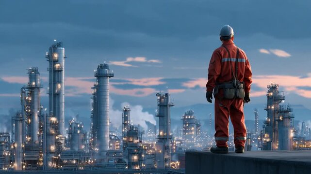 Industry Vision: A worker surveys the vast industrial landscape, showcasing a powerful visual narrative of industry and human endeavor. Capturing the strength, resolve.