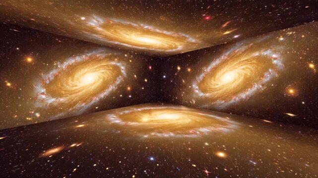 Cosmic Room with Spiral Galaxies: Gold and Brown Hues