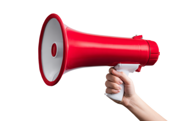 Hand holding red megaphone, isolated on white transparent background