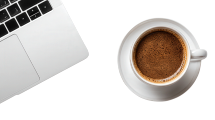 Coffee Cup and Laptop in Flat Lay: A flat lay of a coffee cup and laptop, representing a productive morning, isolated on a Transparent background, PNG file.