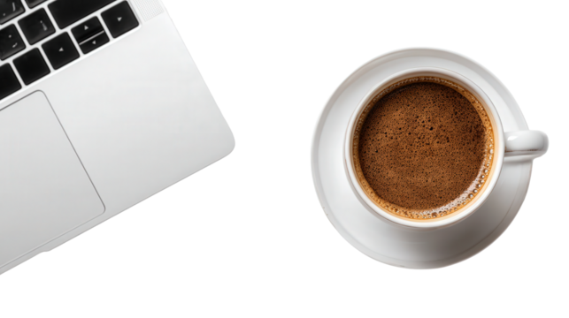 Coffee Cup and Laptop in Flat Lay: A flat lay of a coffee cup and laptop, representing a productive morning, isolated on a Transparent background, PNG file.
