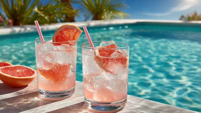 Refreshing grapefruit drink by the pool