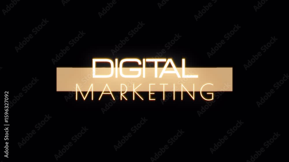 Poster digital marketing golden glitch text with light glowing effect on black background isolated with alp