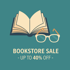 Minimalist Vector Illustration of Open Book and Glasses for Bookstore Sale Promotion in Modern Style with Calm Blue Color Scheme