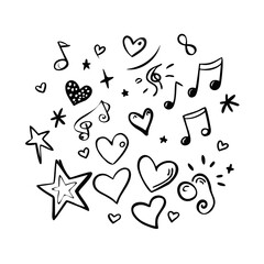 Hand drawn doodles black and white featuring various icons like hearts, stars, and musical notes. Vector cartoon illustration

