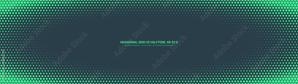 Poster hexagonal grid halftone pattern elliptical frame ultra wide 32:9 aspect ratio turquoise vector futur
