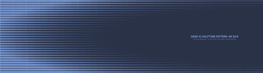 Dash grid halftone pattern elliptical border ultra wide 32:9 aspect ratio deep blue vector conceptual abstract background. Dashed structure half tone ultrawide format futuristic technology abstraction