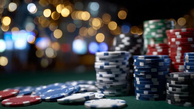 Experience the thrill and glamour of high-stakes poker with a sharp focus on meticulously stacked chips against a backdrop of glittering lights.