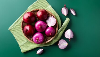 fresh red onion on green background for culinary and food use