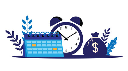 Clock with Money Bag and Calendar Isolated on White. Managing finances and coping with deadlines at business work vector art