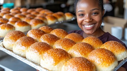 Smiling woman holding a tray of freshly baked buns