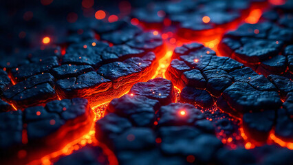Close Up View Of Cracked Earth With Glowing Orange Lava Flowing Through The Fissures And Small Lights