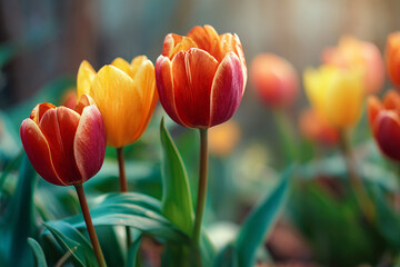 Fototapeta premium Realistic tulips in red and yellow colors flourishing in a vibrant spring garden